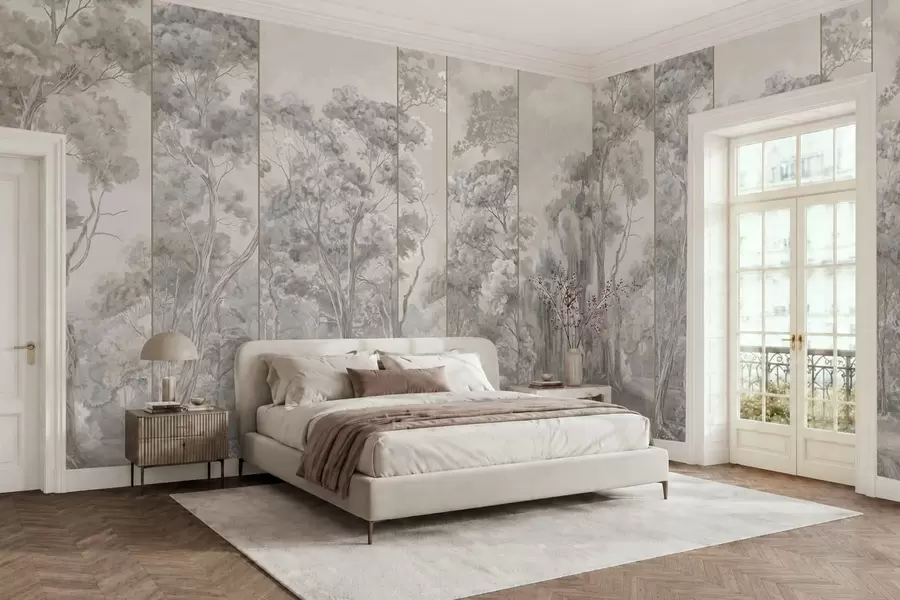Wall Mural Photo Wallpaper A panoramic forest with tall trees in soft, cool tones w05811v1