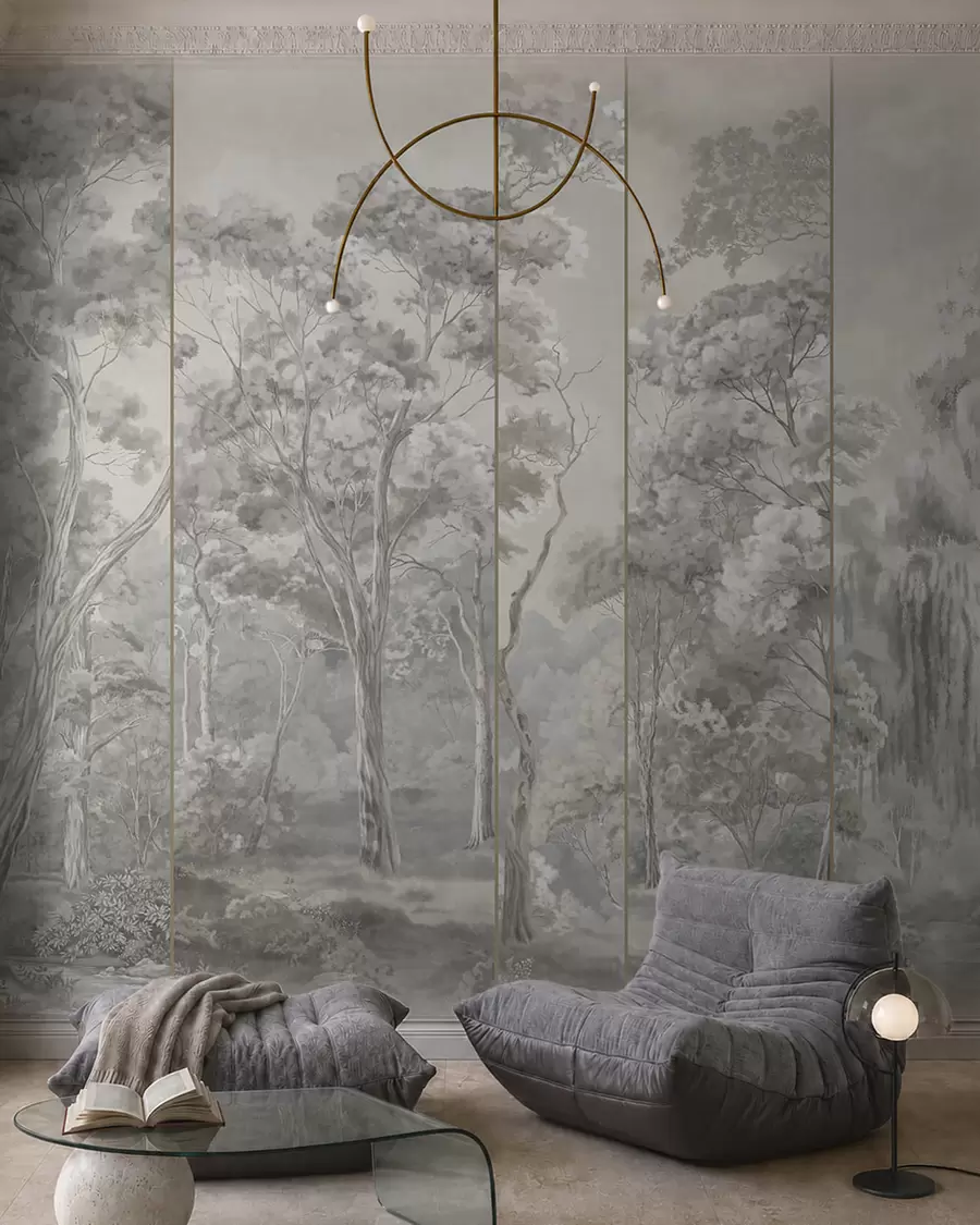 murales Un bosque panorámico con árboles altos en tonos suaves y frescos w05811v1