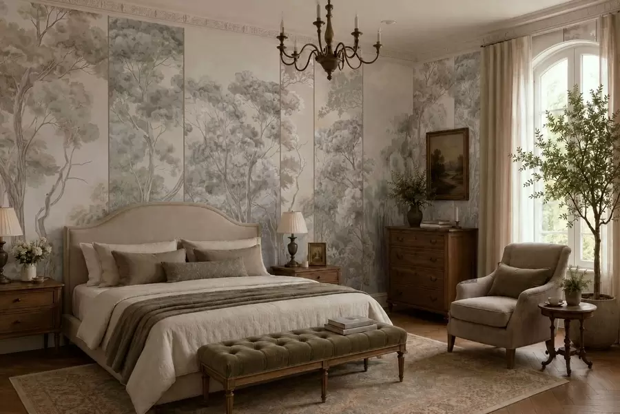 wall murals A panoramic forest with tall trees in soft tones w05811v2
