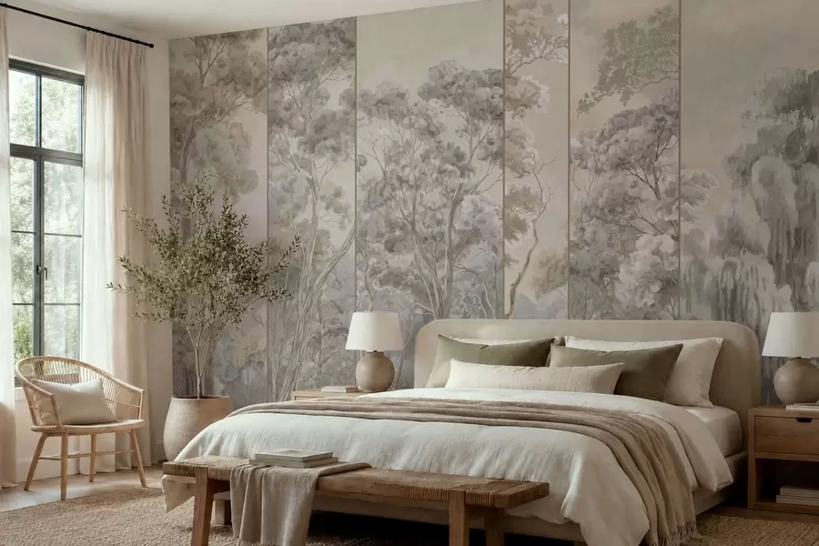 Wall Mural Photo Wallpaper A panoramic forest with tall trees in soft tones w05811v2
