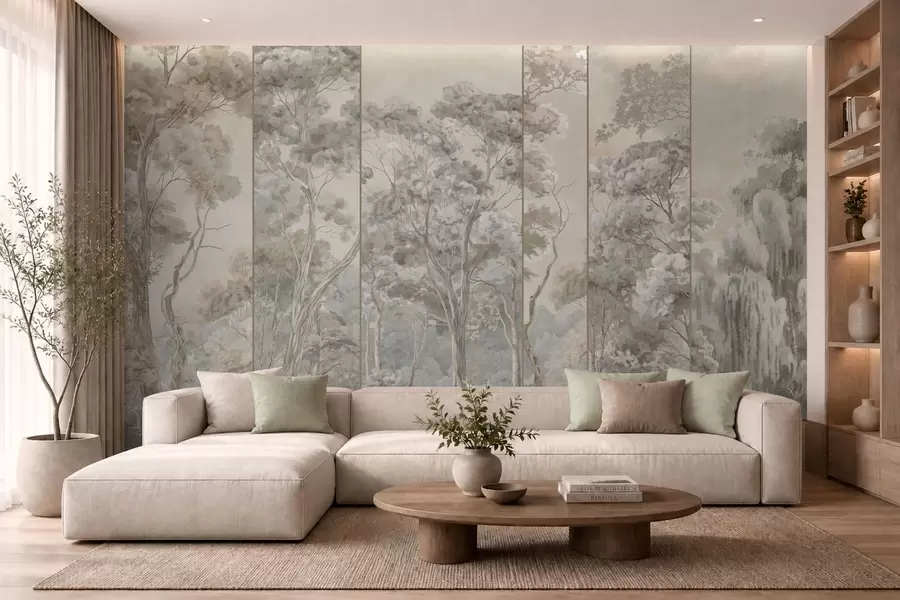 peintures murales Une forêt panoramique aux grands arbres aux teintes douces w05811v2