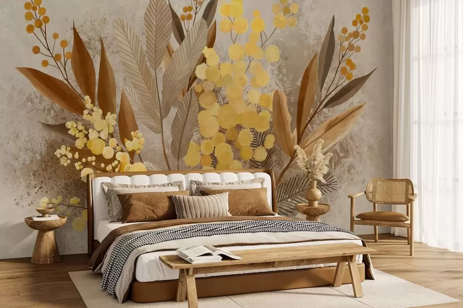wall murals Painted mimosa branches and a herbarium in warm shades w05659