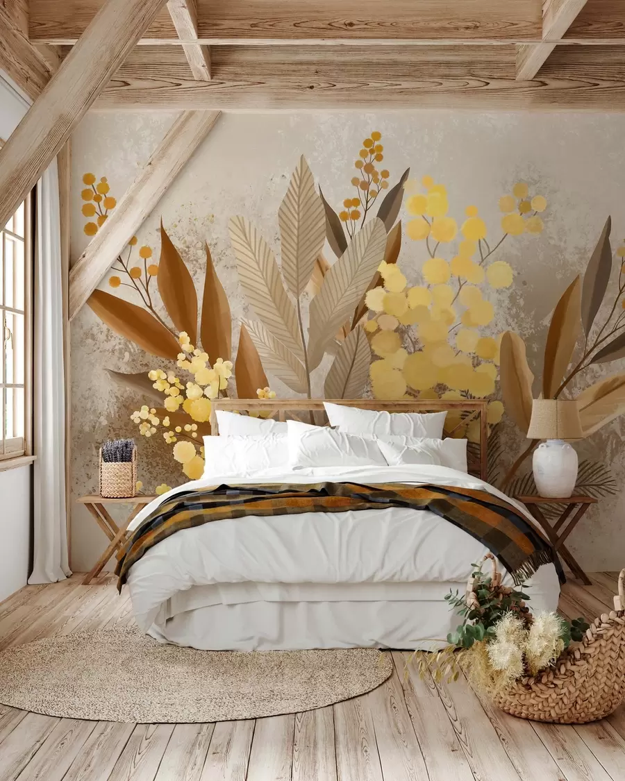 wall murals Painted mimosa branches and a herbarium in warm shades w05659