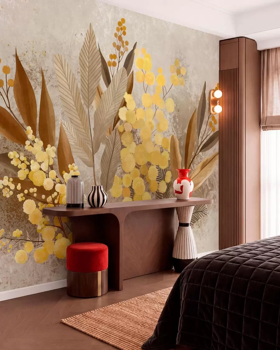 Wall Mural Photo Wallpaper Painted mimosa branches and a herbarium in warm shades w05659