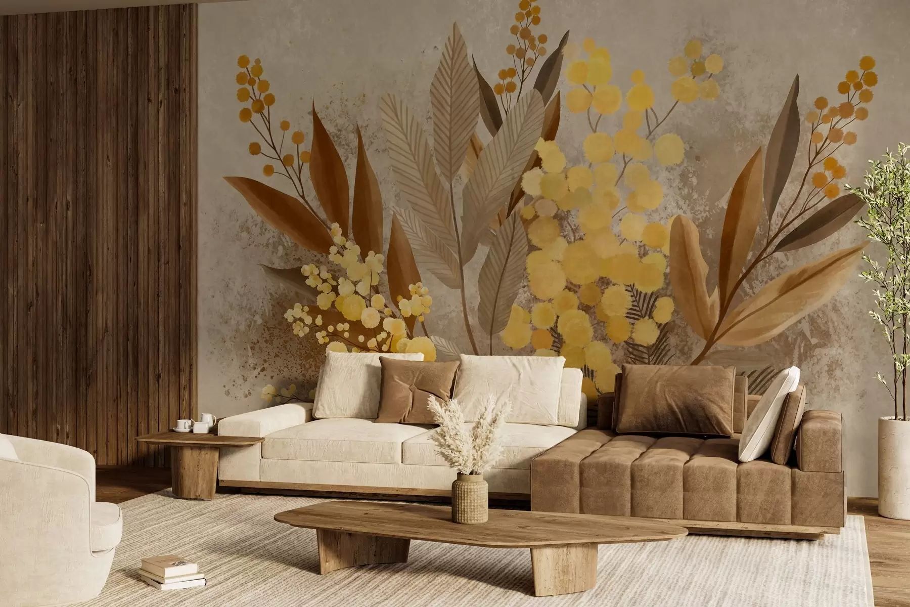 peintures murales Des branches de mimosa peintes et un herbier aux teintes chaudes w05659