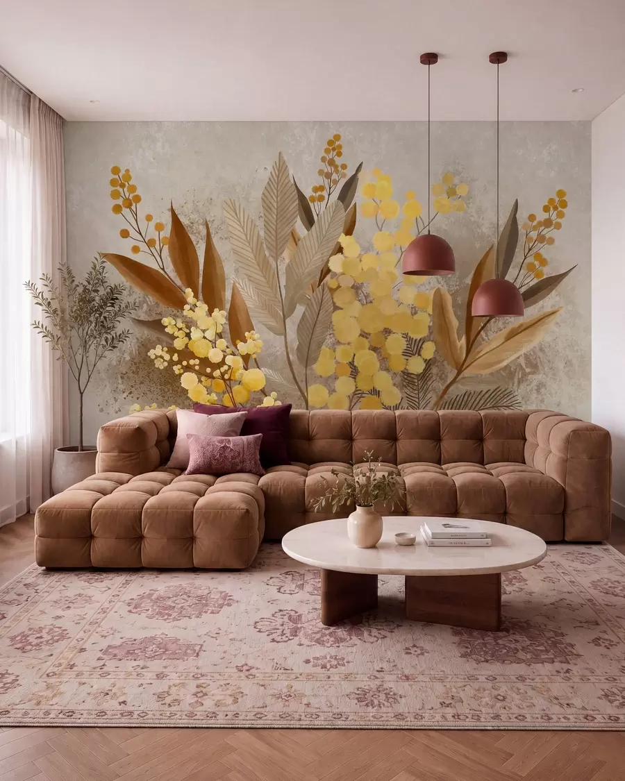 peintures murales Des branches de mimosa peintes et un herbier aux teintes chaudes w05659