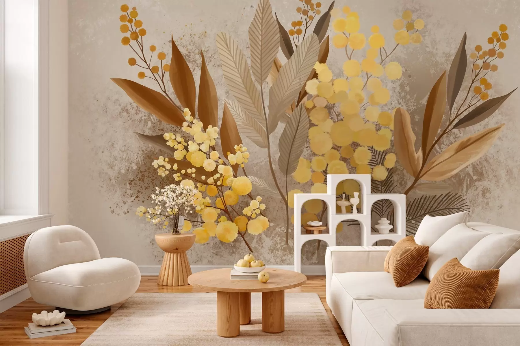 wall murals Painted mimosa branches and a herbarium in warm shades w05659