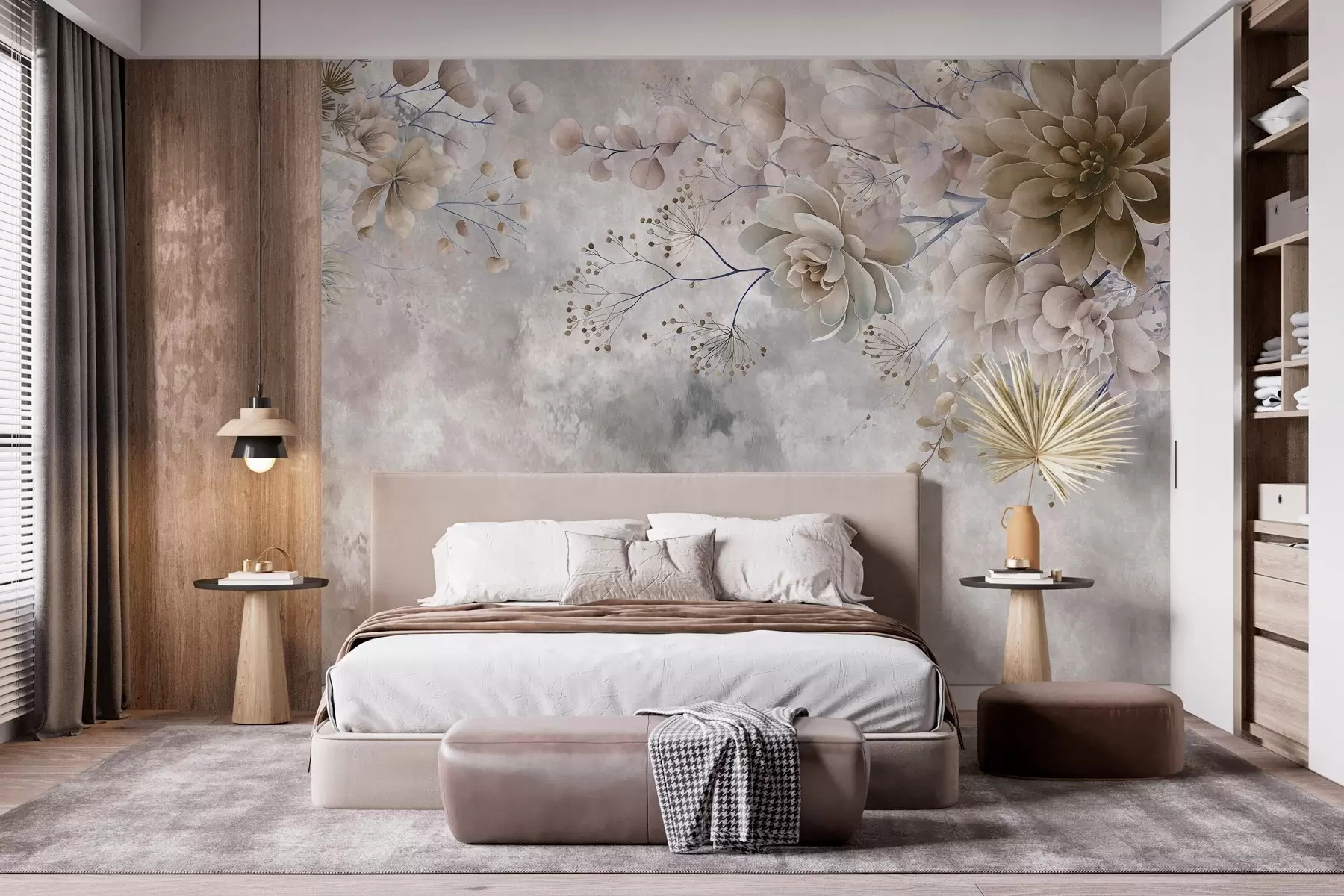 murales Flores de fantasía de estilo retro en la imagen de arriba, en tonos beige y marrón w05753