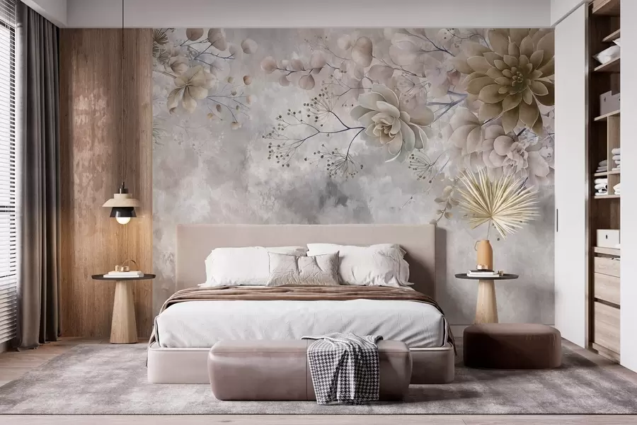 wall murals Fantasy flowers in a retro style in the image above, in shades of beige and brown w05753