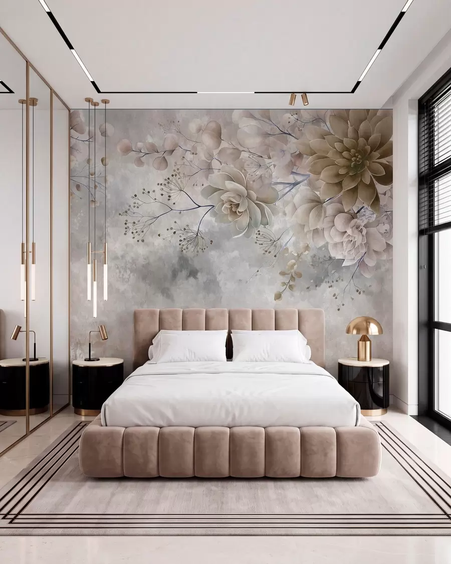 peintures murales Des fleurs fantaisistes de style rétro, comme sur l'image ci-dessus, dans des tons de beige et de marron w05753