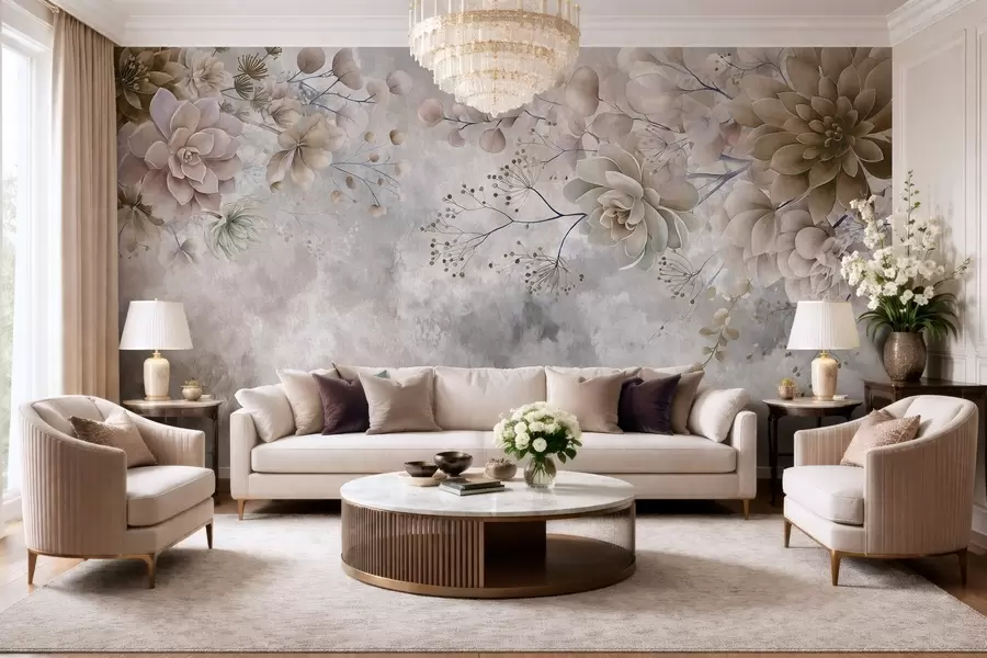 Wall Mural Photo Wallpaper Fantasy flowers in a retro style in the image above, in shades of beige and brown w05753