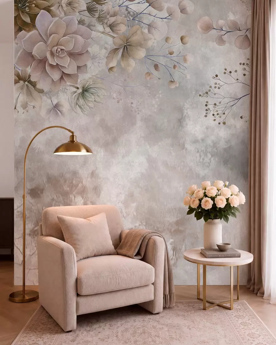 peintures murales Des fleurs fantaisistes de style rétro, comme sur l'image ci-dessus, dans des tons de beige et de marron w05753