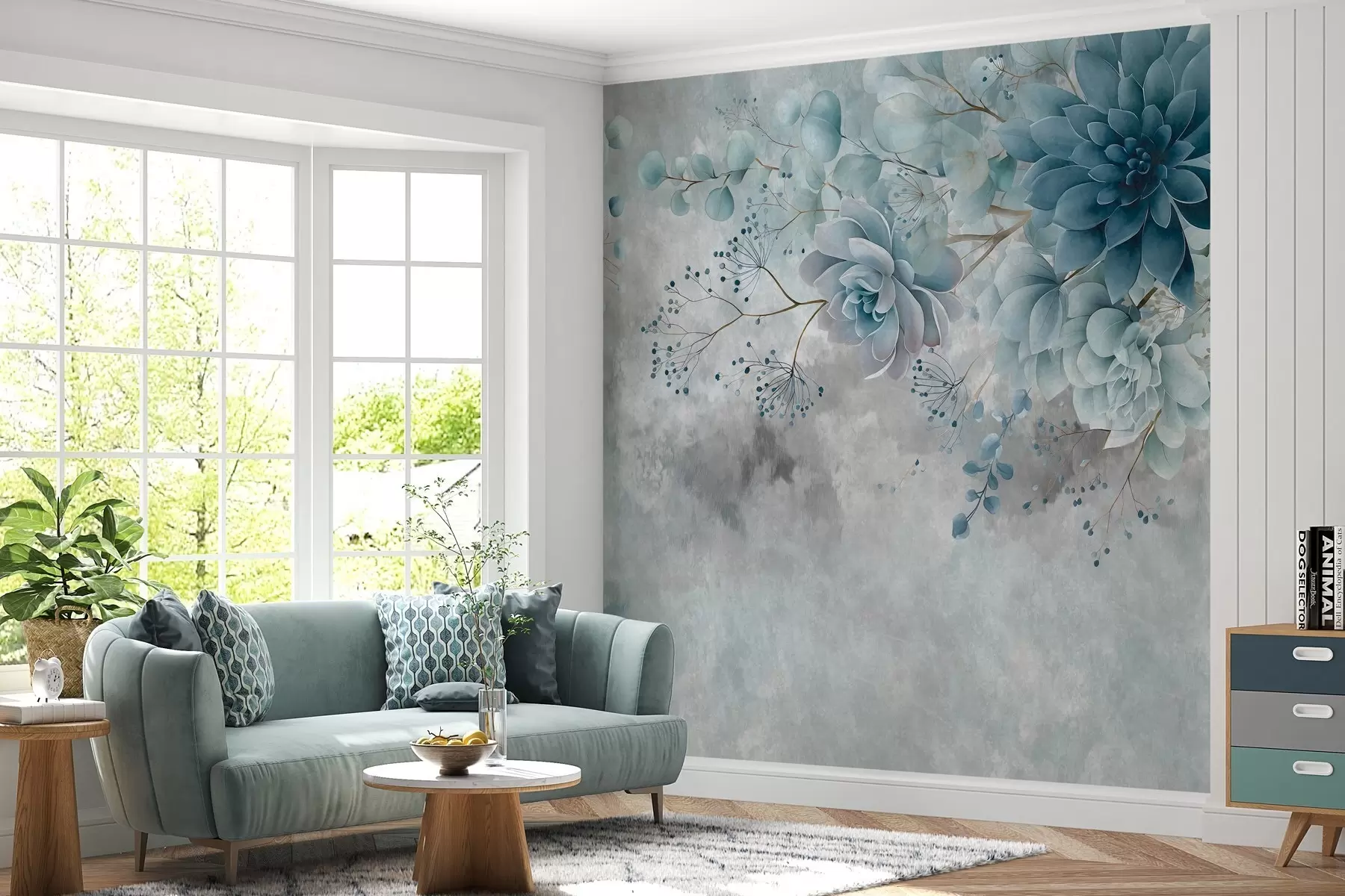Wall Mural Photo Wallpaper A top-down view of retro-style fantasy flowers, in shades of blue and turquoise w05753v1