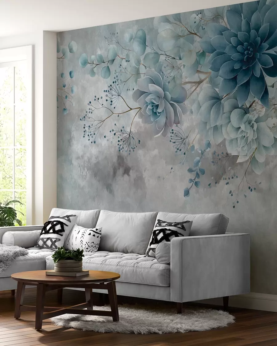 murales Una vista desde arriba de unas flores fantásticas de estilo retro, en tonos azules y turquesa w05753v1