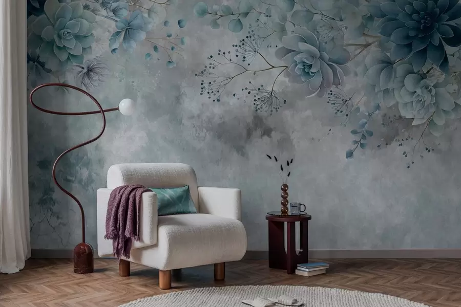 wall murals A top-down view of retro-style fantasy flowers, in shades of blue and turquoise w05753v1