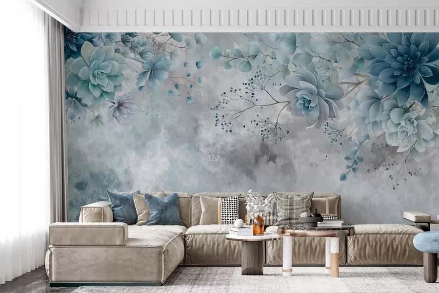 wall murals A top-down view of retro-style fantasy flowers, in shades of blue and turquoise w05753v1