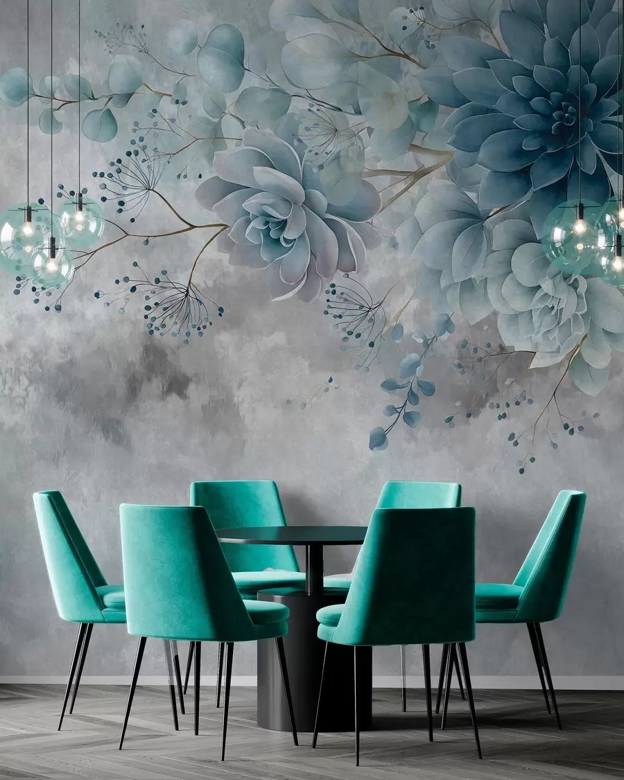 peintures murales Une vue plongeante sur des fleurs fantastiques de style rétro, dans des tons de bleu et de turquoise w05753v1