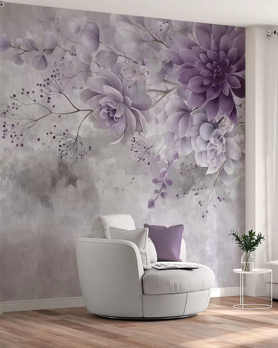 murales Una vista desde arriba de unas flores fantásticas de estilo retro, en tonos morados w05753v2