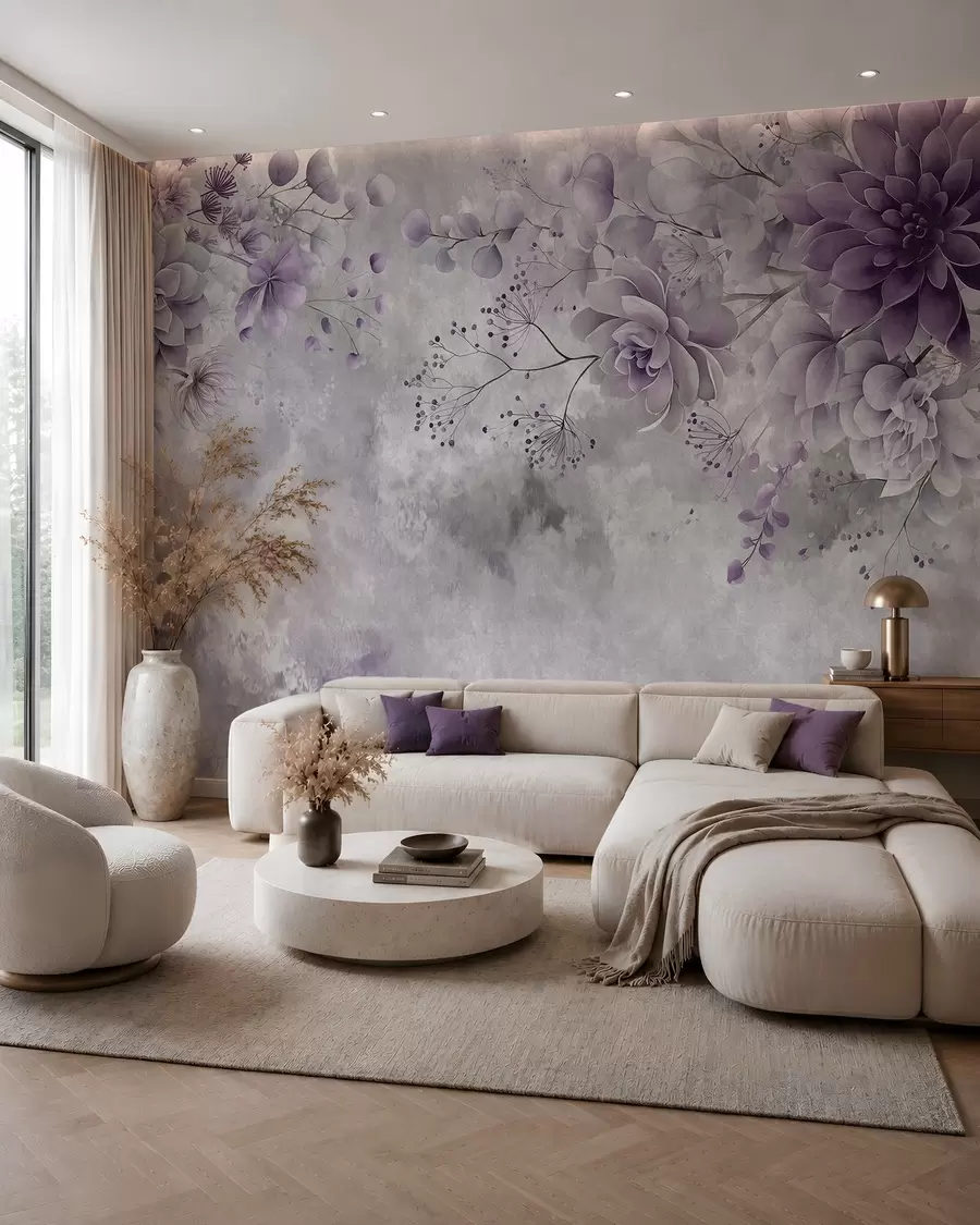 wall murals A top-down view of retro-style fantasy flowers, in shades of purple w05753v2