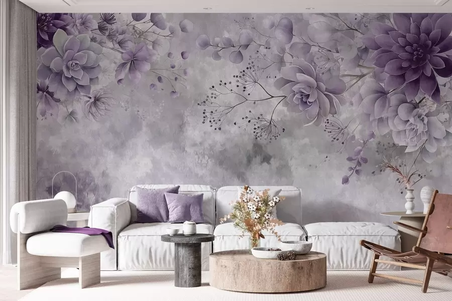 wall murals A top-down view of retro-style fantasy flowers, in shades of purple w05753v2
