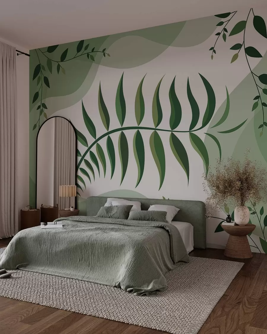 wall murals A curved fern leaf in shades of green w05756