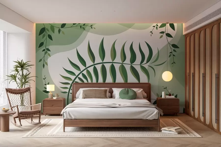 peintures murales Une feuille de fougère recourbée aux nuances de vert w05756