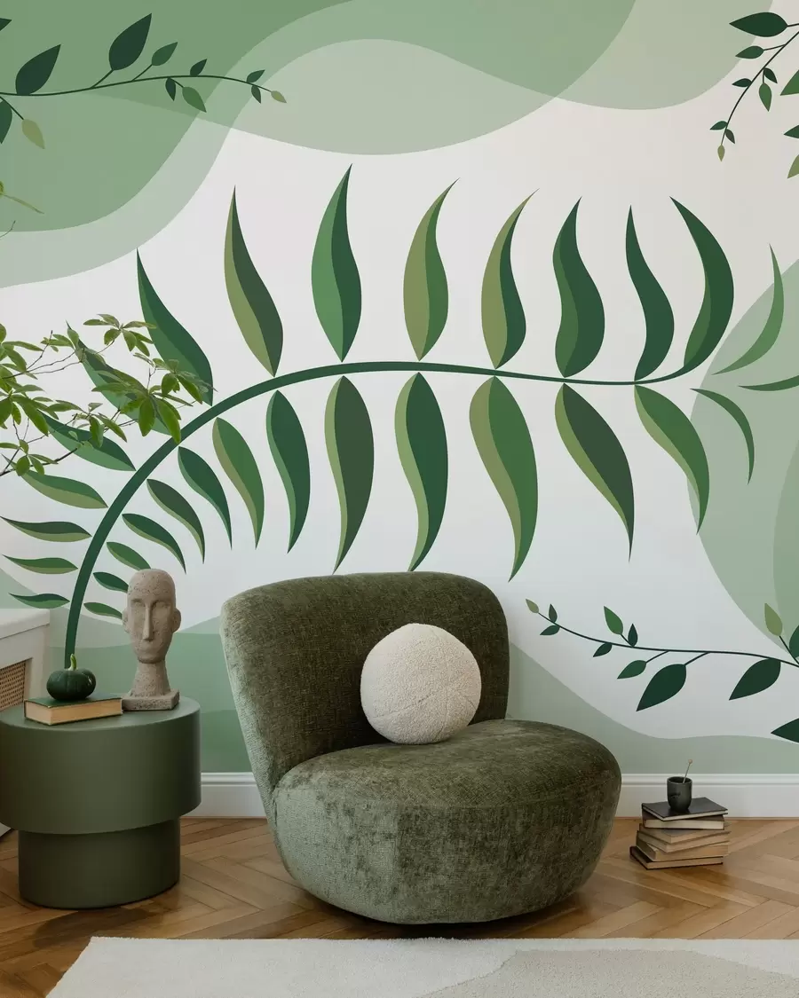 peintures murales Une feuille de fougère recourbée aux nuances de vert w05756