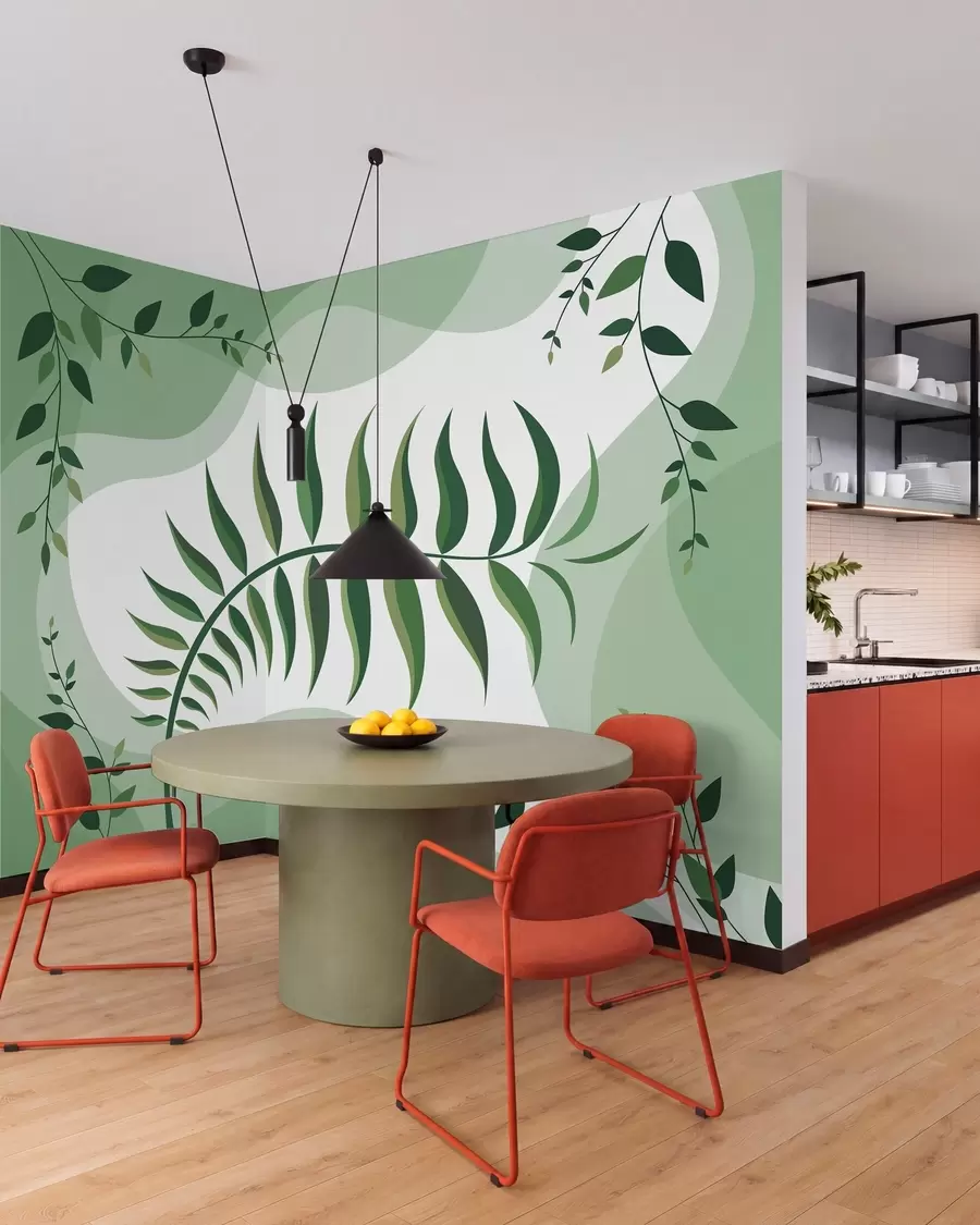 wall murals A curved fern leaf in shades of green w05756