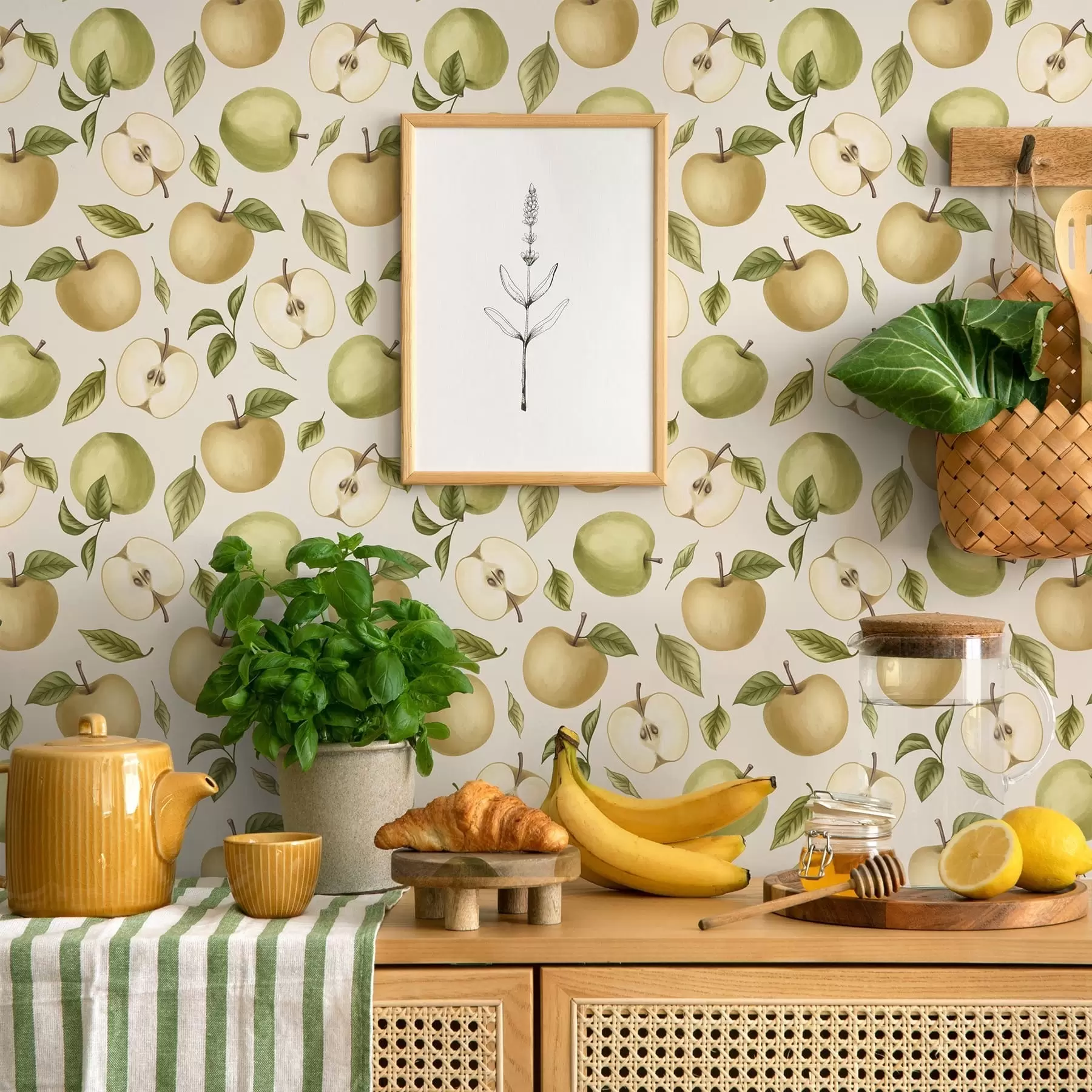 peintures murales Des pommes vertes et des feuilles sur un fond clair a01236
