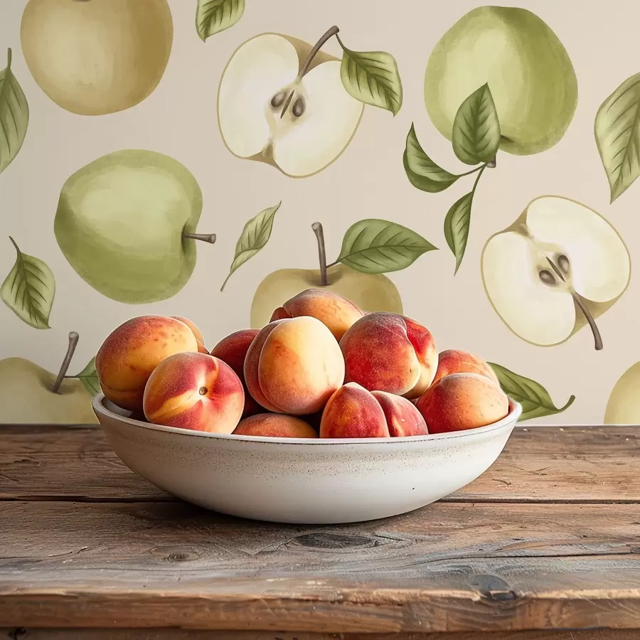 peintures murales Des pommes vertes et des feuilles sur un fond clair et chaleureux a01236v1