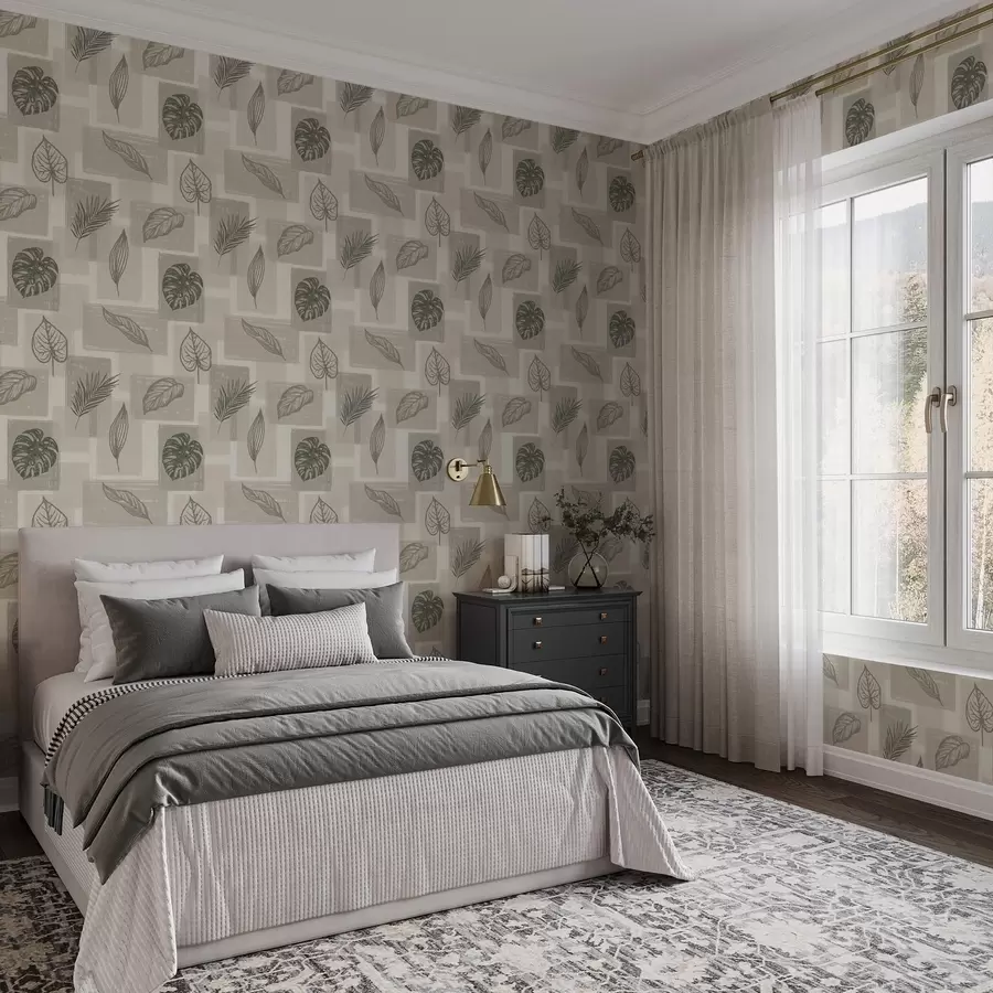 wall murals Tropical leaf outlines with geometric blocks a01239