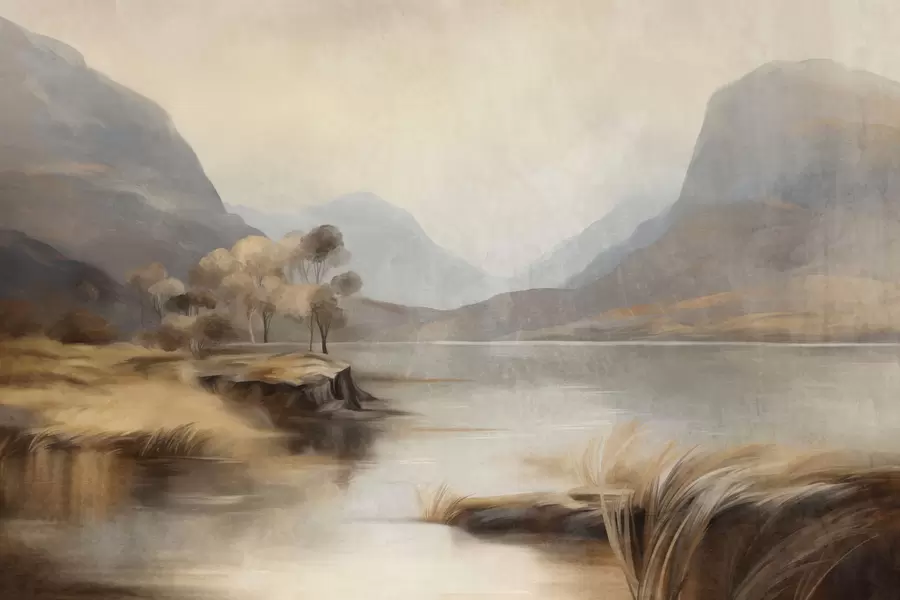 Wall Mural Photo Wallpaper Textured muted landscape, lake with mountains, tall grass w09978