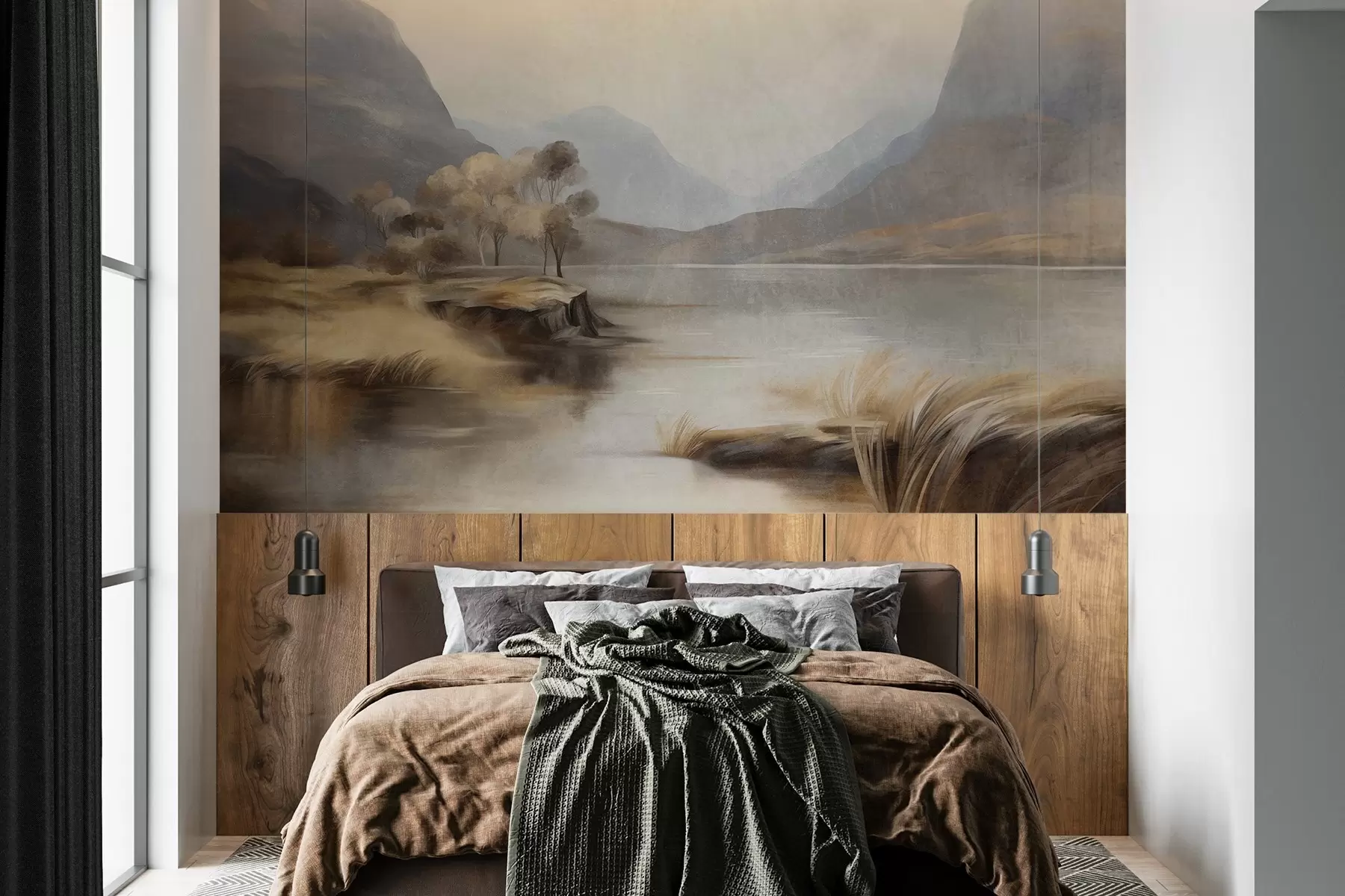 peintures murales Paysage aux tons sobres et texturé, lac avec des montagnes, hautes herbes w09978