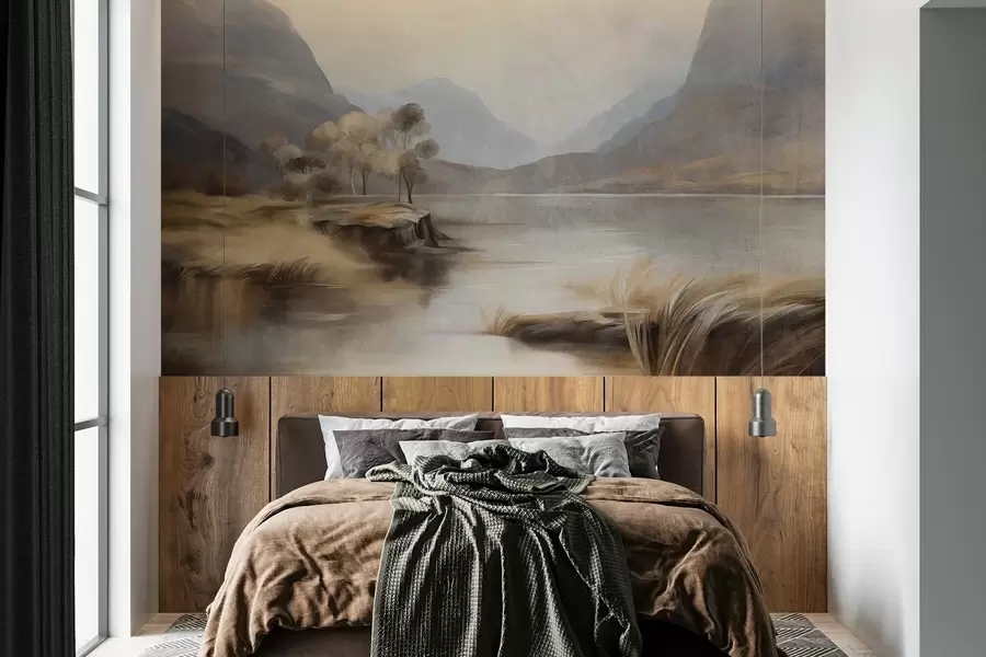 wall murals Textured muted landscape, lake with mountains, tall grass w09978