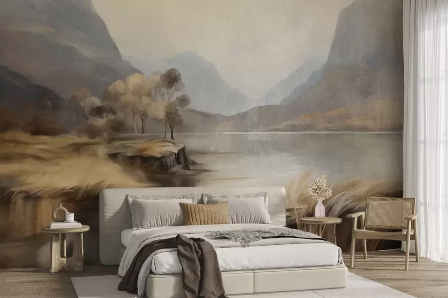 wall murals Textured muted landscape, lake with mountains, tall grass w09978