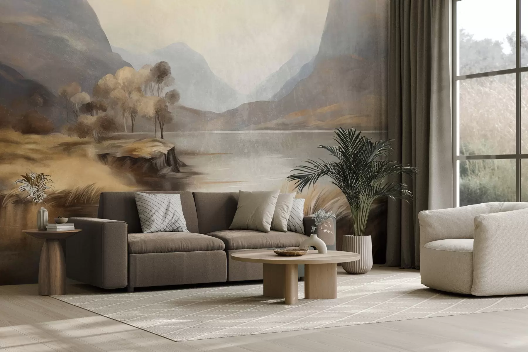 peintures murales Paysage aux tons sobres et texturé, lac avec des montagnes, hautes herbes w09978