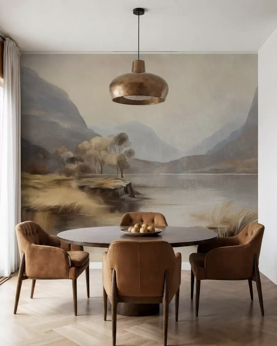 wall murals Textured muted landscape, lake with mountains, tall grass w09978