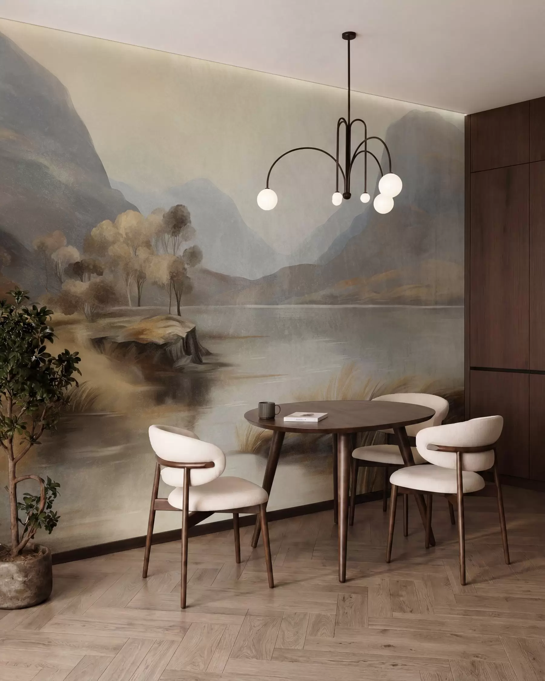 wall murals Textured muted landscape, lake with mountains, tall grass w09978