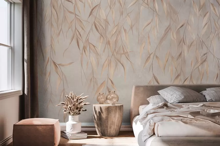 wall murals Delicate, long, light brown leaves hang from branches against a textured background w09980