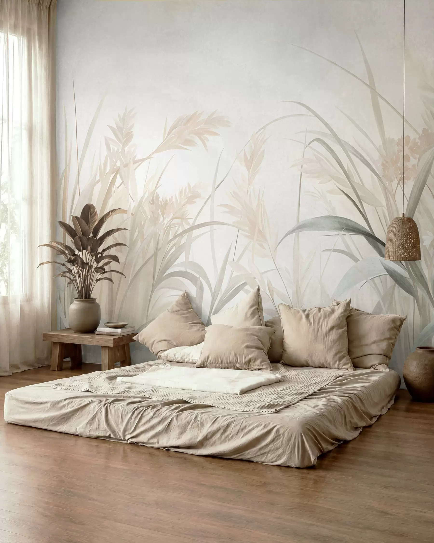 peintures murales De hautes herbes et roseaux fins, aux teintes douces et discrètes de beige, crème et vert, texturés w09981
