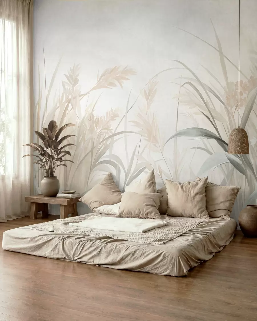 wall murals Tall, wispy grass and reeds in soft, muted tones of beige, cream, and green, textured w09981