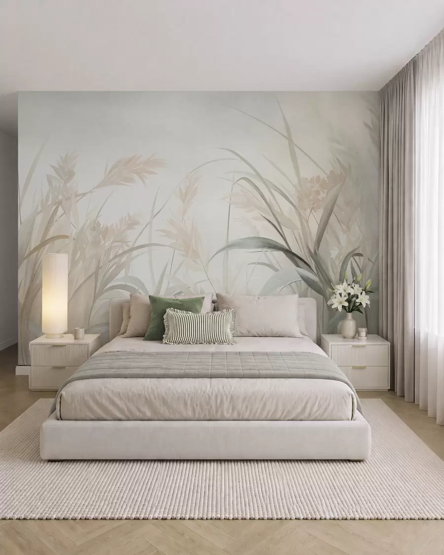 Wall Mural Photo Wallpaper Tall, wispy grass and reeds in soft, muted tones of beige, cream, and green, textured w09981