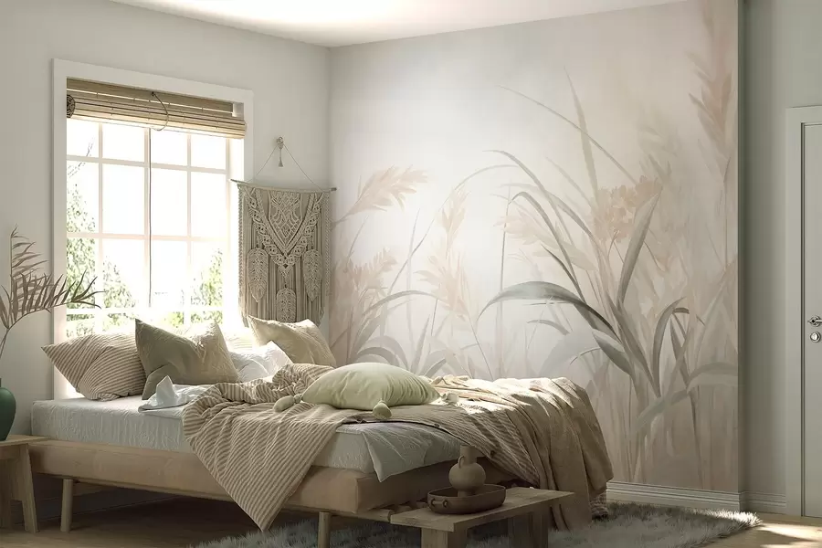 peintures murales De hautes herbes et roseaux fins, aux teintes douces et discrètes de beige, crème et vert, texturés w09981