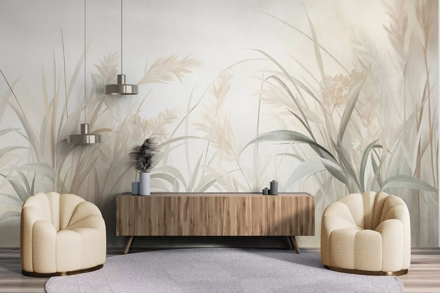 peintures murales De hautes herbes et roseaux fins, aux teintes douces et discrètes de beige, crème et vert, texturés w09981
