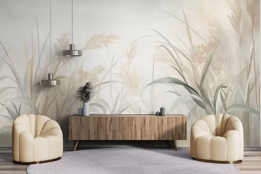 wall murals Tall, wispy grass and reeds in soft, muted tones of beige, cream, and green, textured w09981
