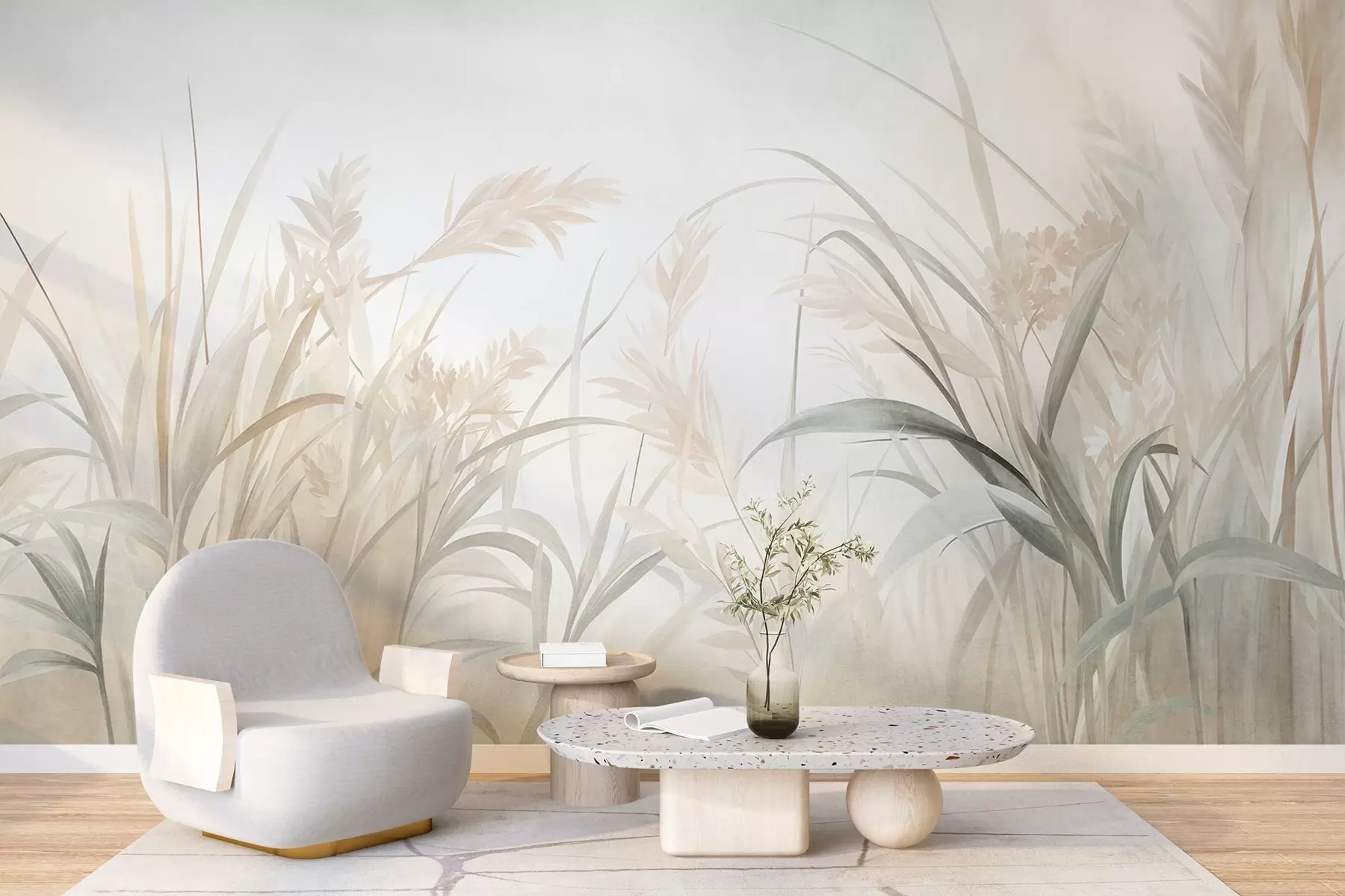 peintures murales De hautes herbes et roseaux fins, aux teintes douces et discrètes de beige, crème et vert, texturés w09981