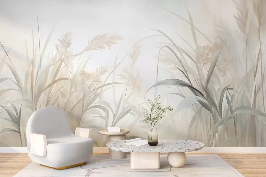 peintures murales De hautes herbes et roseaux fins, aux teintes douces et discrètes de beige, crème et vert, texturés w09981