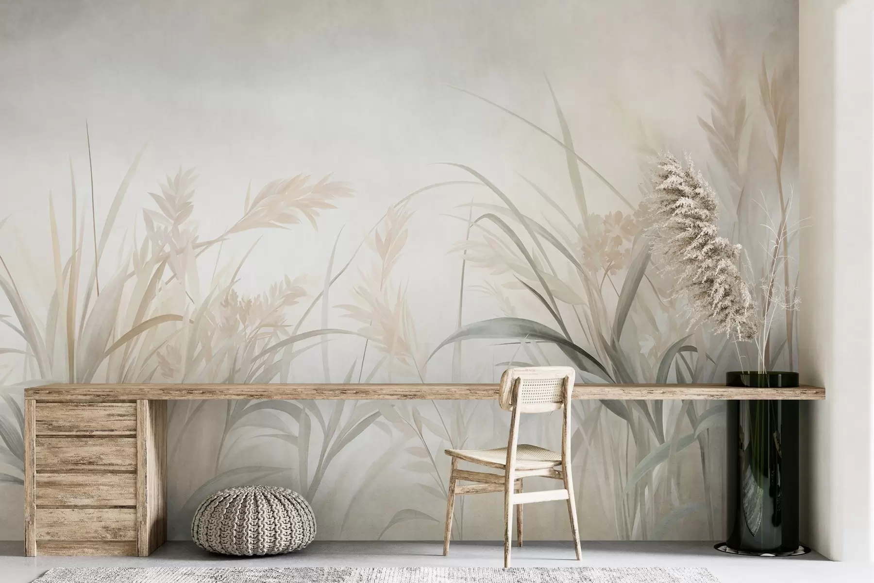 wall murals Tall, wispy grass and reeds in soft, muted tones of beige, cream, and green, textured w09981
