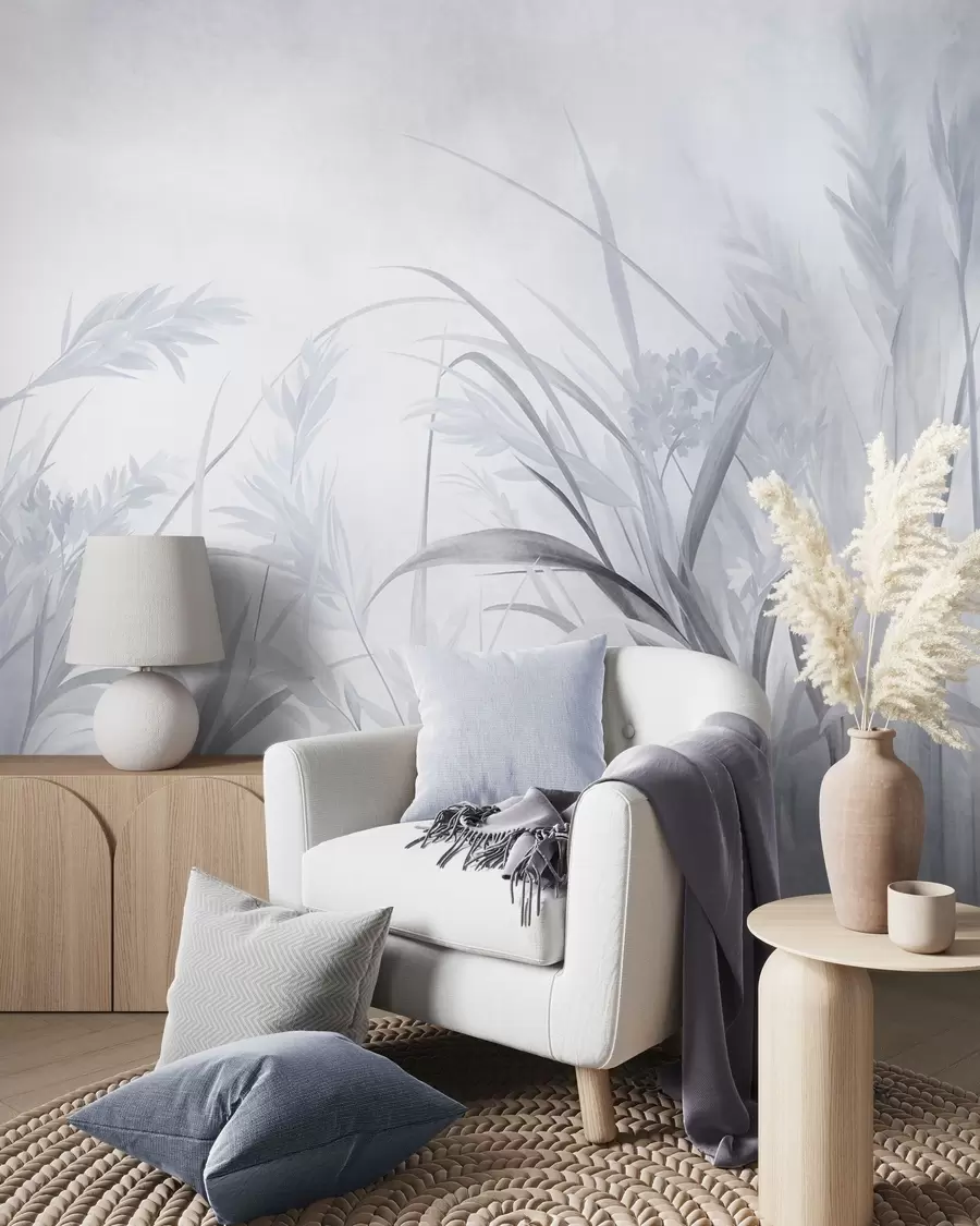 wall murals Tall, wispy grass and reeds in soft, muted tones of blue and gray, textured w09981v2