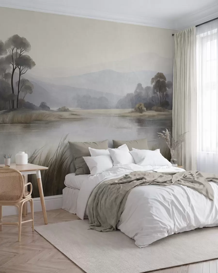 Wall Mural Photo Wallpaper Textured landscape with a lake, tall grasses, trees and mountains in the background w09983